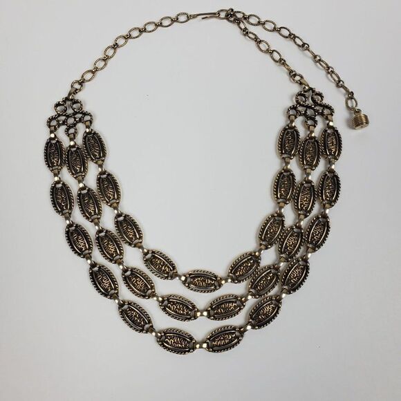 Vtg Sarah Coventry 60s Oval Gold Black Tone Chain Triple Strand Choker Necklace - Picture 3 of 12